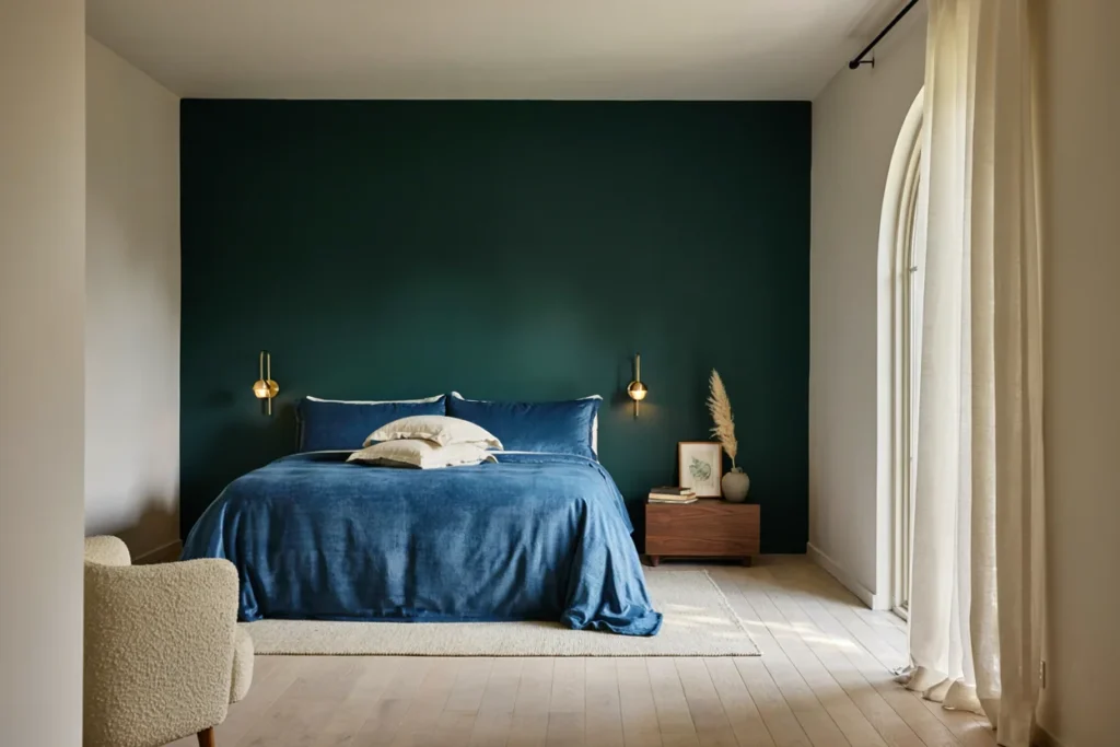 A bedroom with an emerald or sapphire accent wall, velvet bedding, and gold light fixtures, showing the dramatic jewel-tone palette against neutral surroundings.