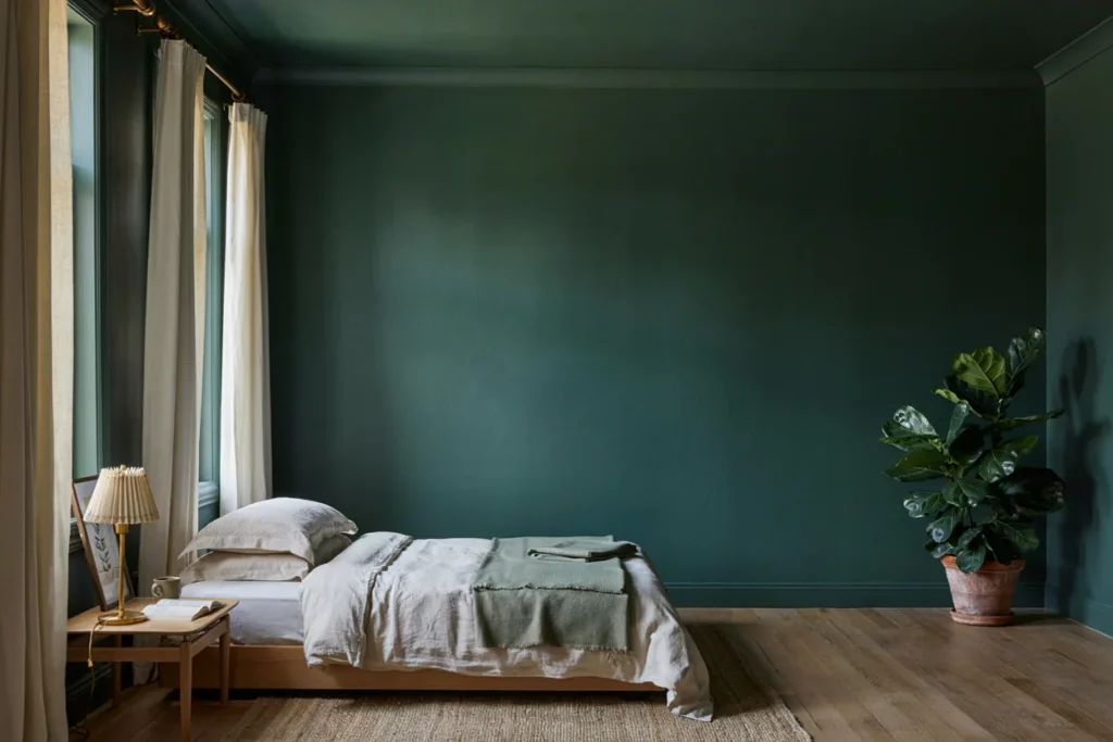 A bedroom with deep forest or sage green walls, gold curtain rods and lamps, and a large leafy houseplant in the corner.
