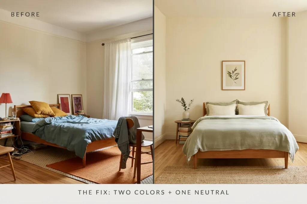 A before-and-after style graphic — a cluttered, competing-color bedroom next to a balanced two-color-plus-neutral version — highlighting the fix.