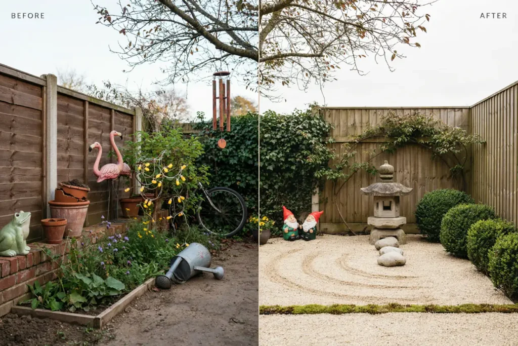 A before-and-after style graphic — a garden overcrowded with mismatched decorative objects next to a calm, restrained space with just one lantern and a stone grouping.