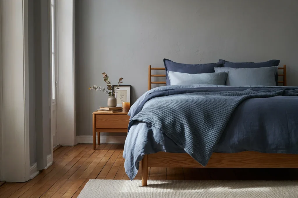 A calm bedroom with soft gray walls, layered blue bedding from navy to powder blue, and a honey or walnut wood bed frame