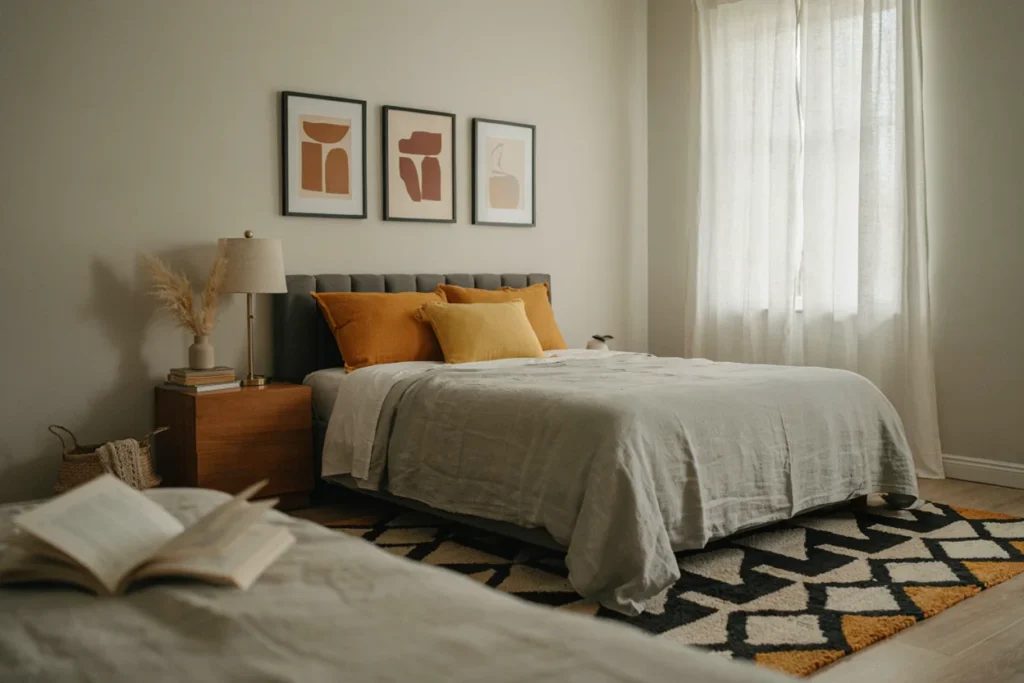 A calm gray bedroom with mustard or lemon-yellow throw pillows, patterned artwork, and a geometric accent rug adding energy to the neutral base.