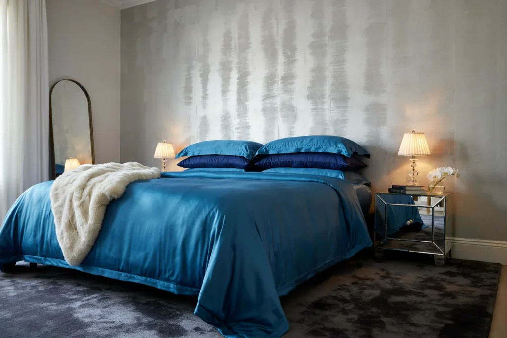 A cool, glamorous bedroom with navy or cobalt bedding, a mirrored nightstand, silver metallic wallpaper, and a faux fur throw for warmth.