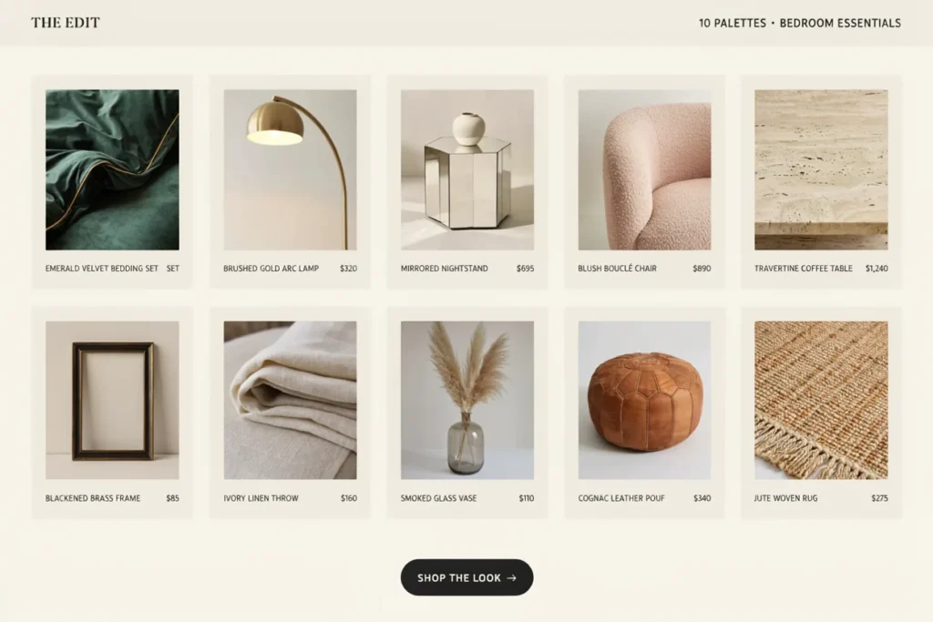 A flat-lay or grid graphic showing small swatches or product thumbnails for each of the 10 palettes — velvet bedding, gold lighting, mirrored nightstand, etc. — as a scannable shopping visual