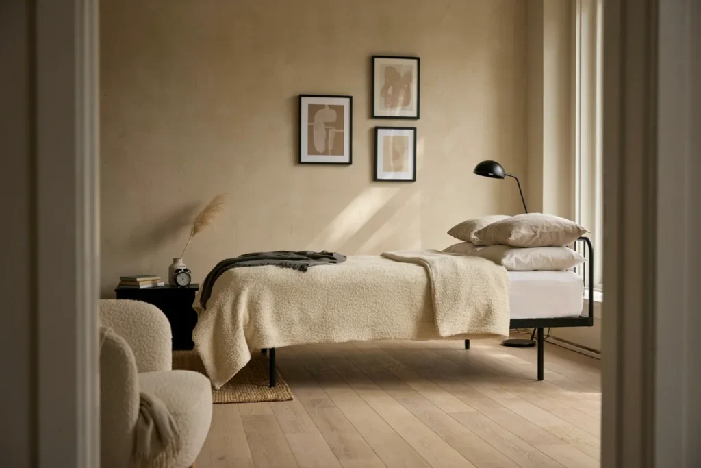 A modern, high-contrast bedroom with beige walls and bedding, a black bed frame, black picture frames, and layered boucle or linen textures.