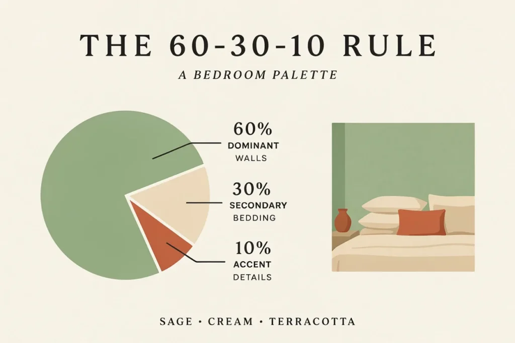 A simple pie-chart or proportion graphic illustrating the 60-30-10 color rule applied to a bedroom — dominant wall color, secondary bedding color, and small accent details.