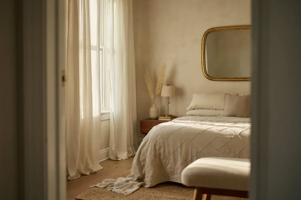 A soft, romantic bedroom in layered ivory and cream tones, with a gold-framed mirror, sheer curtains, and a quilted duvet cover.