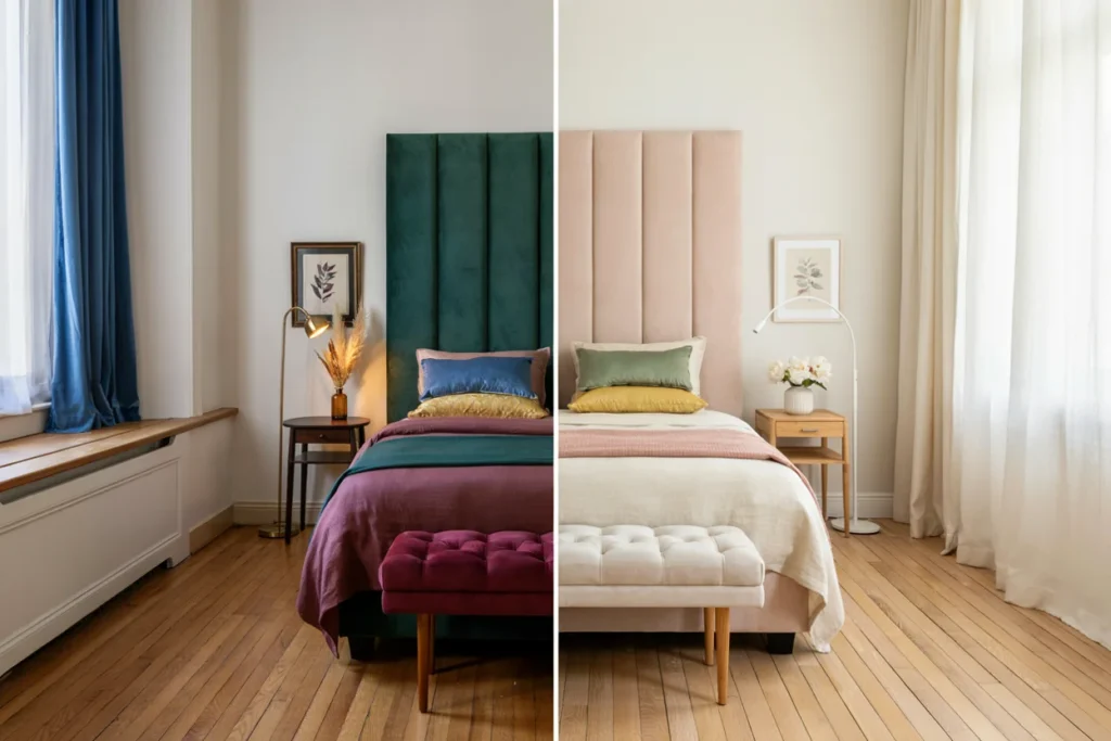 A split-image comparison showing the same bedroom layout in a dark, sunlit jewel-tone version versus a lighter, low-light-friendly pastel version.