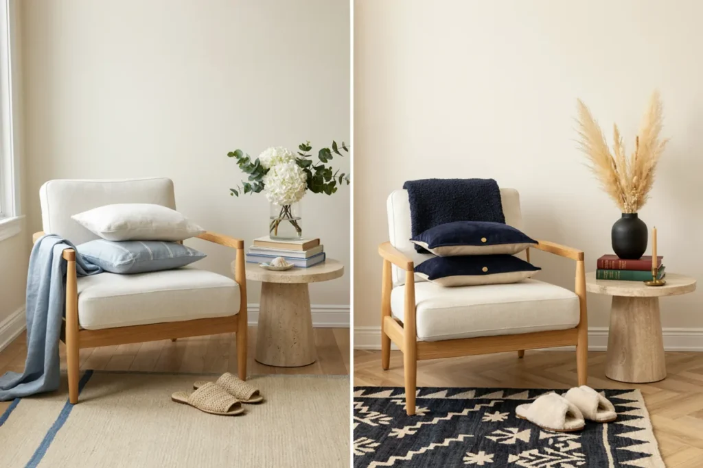 A split visual showing the same living room corner styled for summer — bright white and light blue — versus winter, with deeper navy and dried florals.