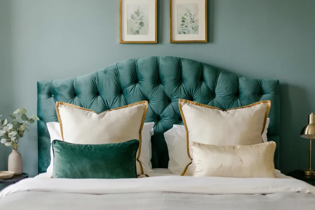A teal velvet headboard with gold-trimmed pillows and gold picture frames, set against a teal accent wall behind the bed.