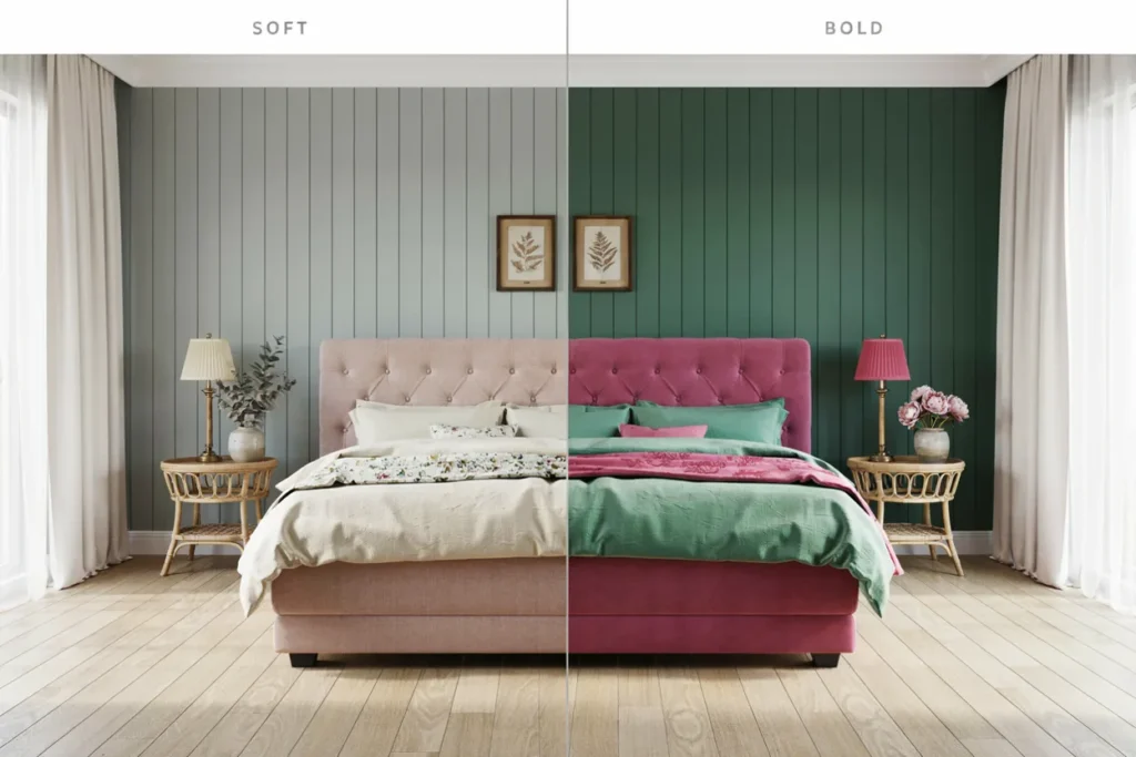 Two-part visual contrast — a soft blush-and-sage cottage-style bedroom next to a bolder hot-pink-and-emerald version — showing both directions of this palette.