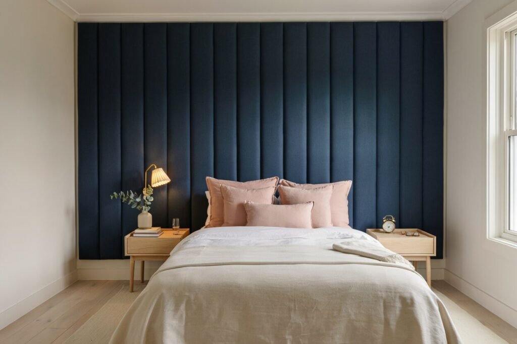A navy statement headboard or accent wall with blush pink pillows, brass reading lamp, and white trim, shown in either a modern adult bedroom or a stylish kid's room.