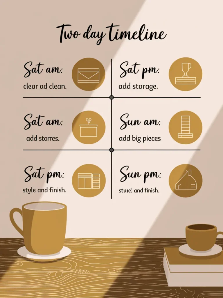 Weekend timeline for refreshing apartment bathroom decor in four simple steps.