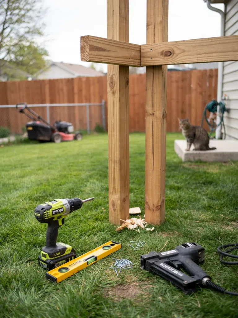A basic tool set, drill, level, and staple gun, laid out next to a partially built catio frame in a backyard