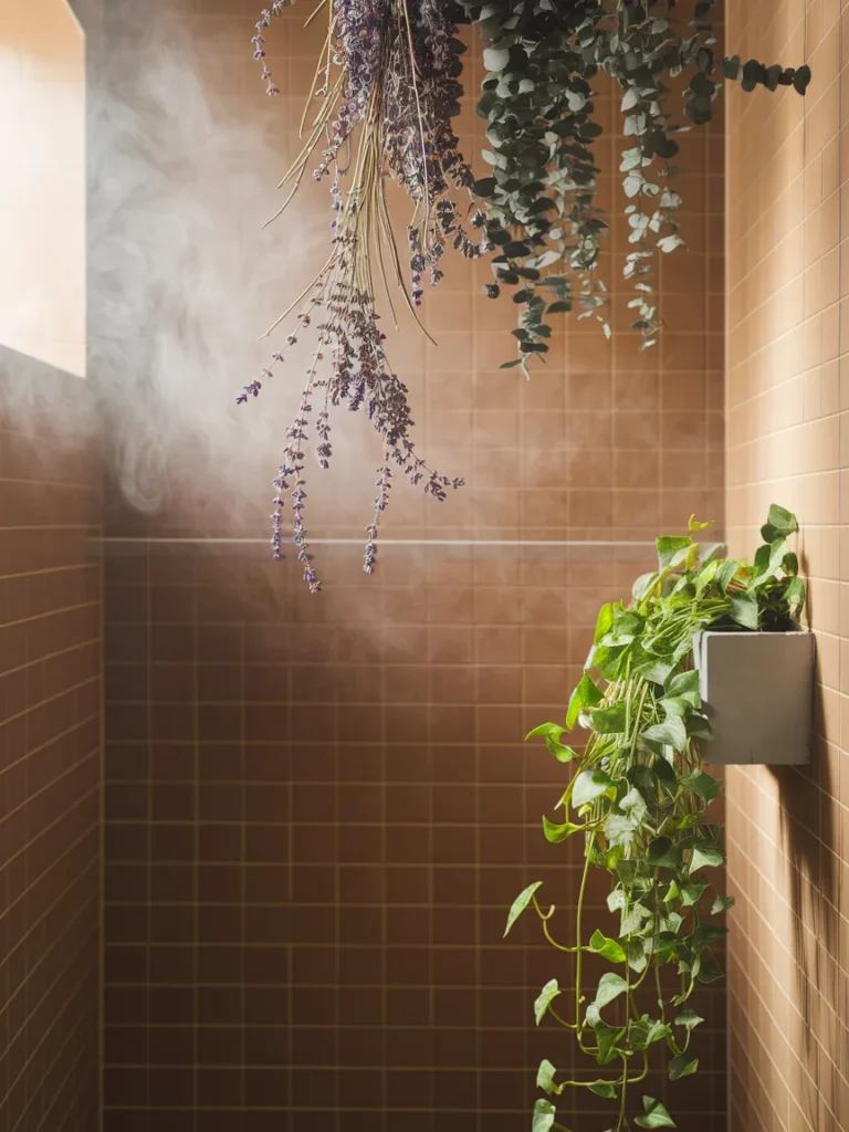Dried lavender and eucalyptus hanging in a shower with a pothos plant in a witchy bathroom.