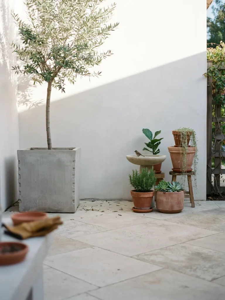 A beautifully styled patio corner combining a large concrete planter, a cluster of smaller terracotta pots at varying heights, and a concrete birdbath,