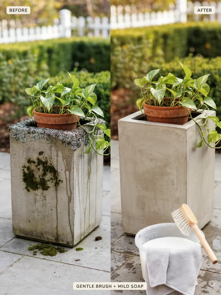 A before and after style image showing a stained or moss covered concrete planter being gently cleaned with a brush and mild soap, illustrating the maintenance steps described.