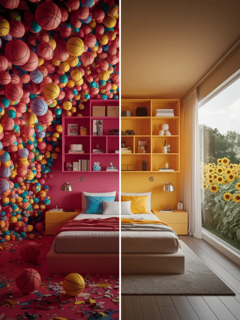 Cluttered versus balanced baseball bedroom decor comparison showing common mistakes