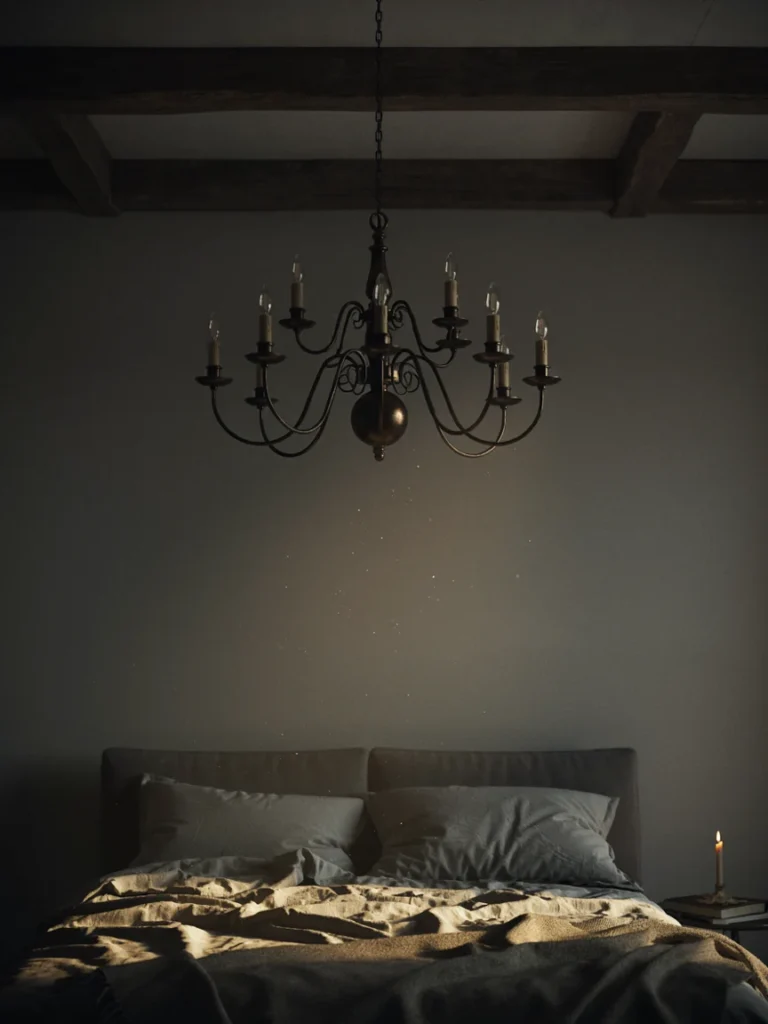 A black iron or aged brass chandelier hanging above a bed, shown from a low upward angle