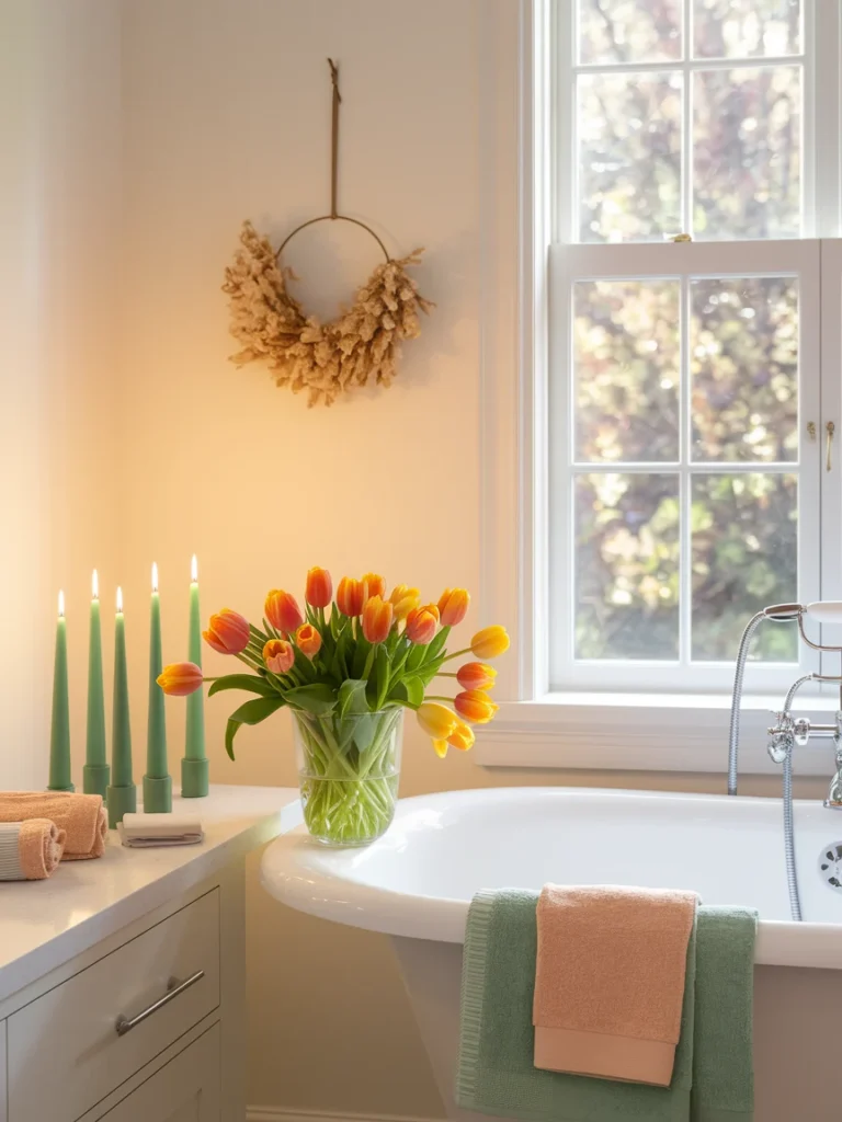 Spring bathroom decor with witchy touches including tulips, wreath, and pastel candles.