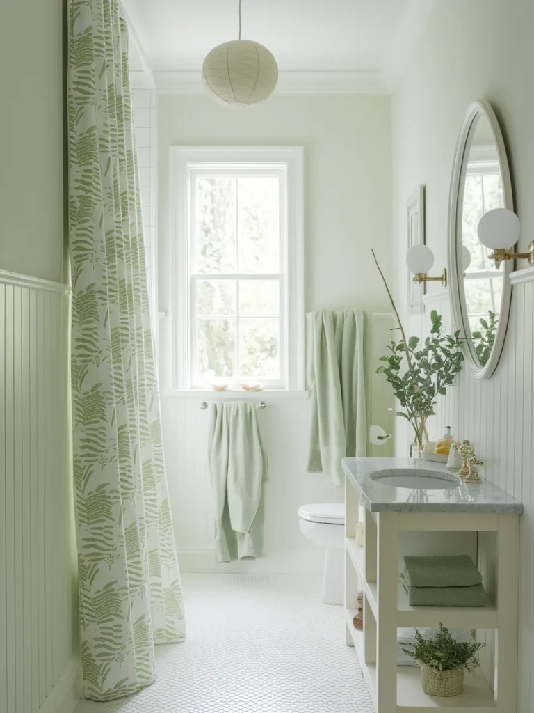 Light colored small apartment bathroom that feels bigger with white and sage tones.