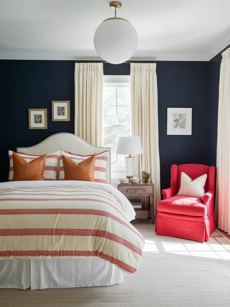 Classic ballpark colors in a baseball bedroom with navy walls, red accents, and cream bedding.