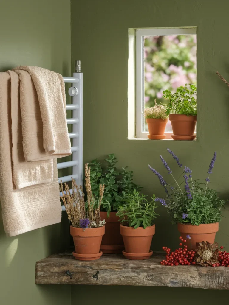 Light cottage witch bathroom with sage green walls and terracotta accents