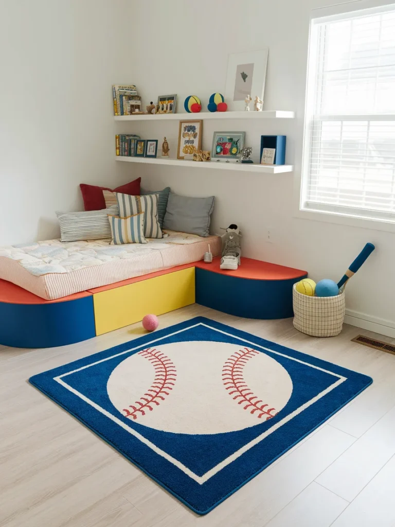 Baseball bedroom decor for toddlers with soft rug, foam bat, and low safe storage.