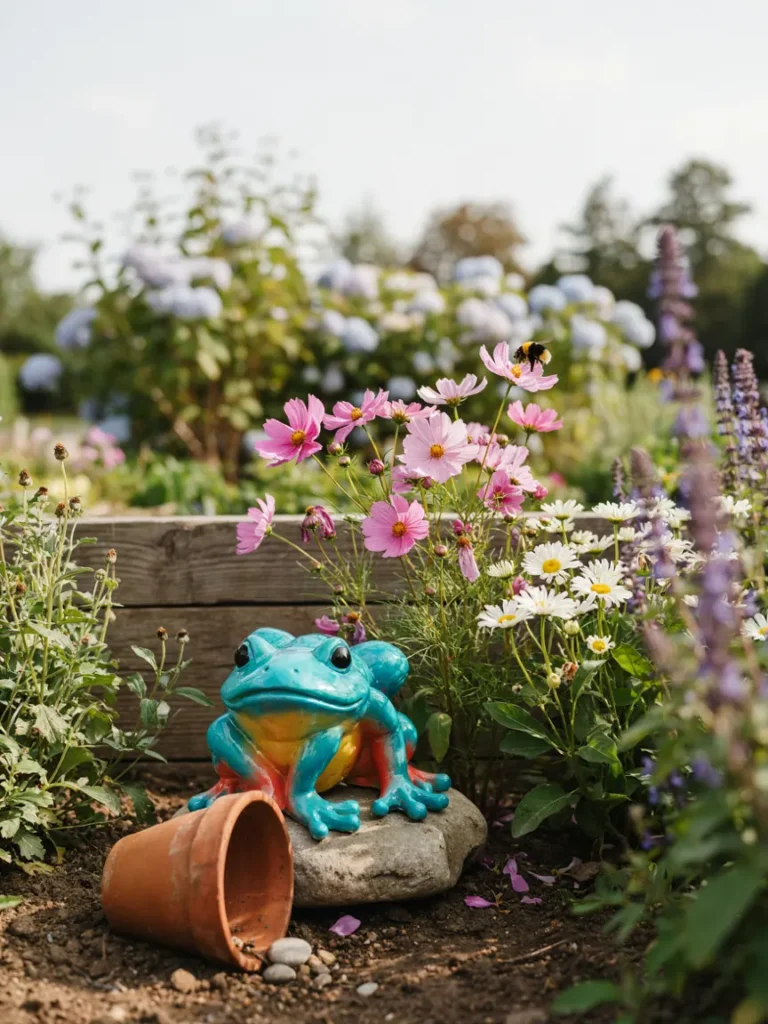 A brightly colored resin frog or rabbit statue placed among flower beds, highlighting its lightweight, painted finish.