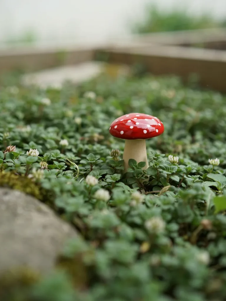 A brightly painted resin mushroom with a red and white spotted cap, similar to a classic toadstool, displayed among low growing groundcover.