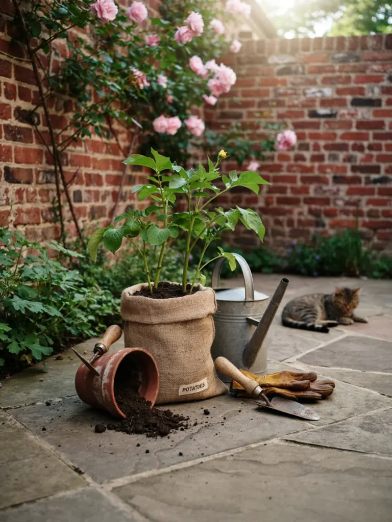 A burlap sack partially filled with soil, potato plant stems emerging from the top, set on a patio or small garden corner.