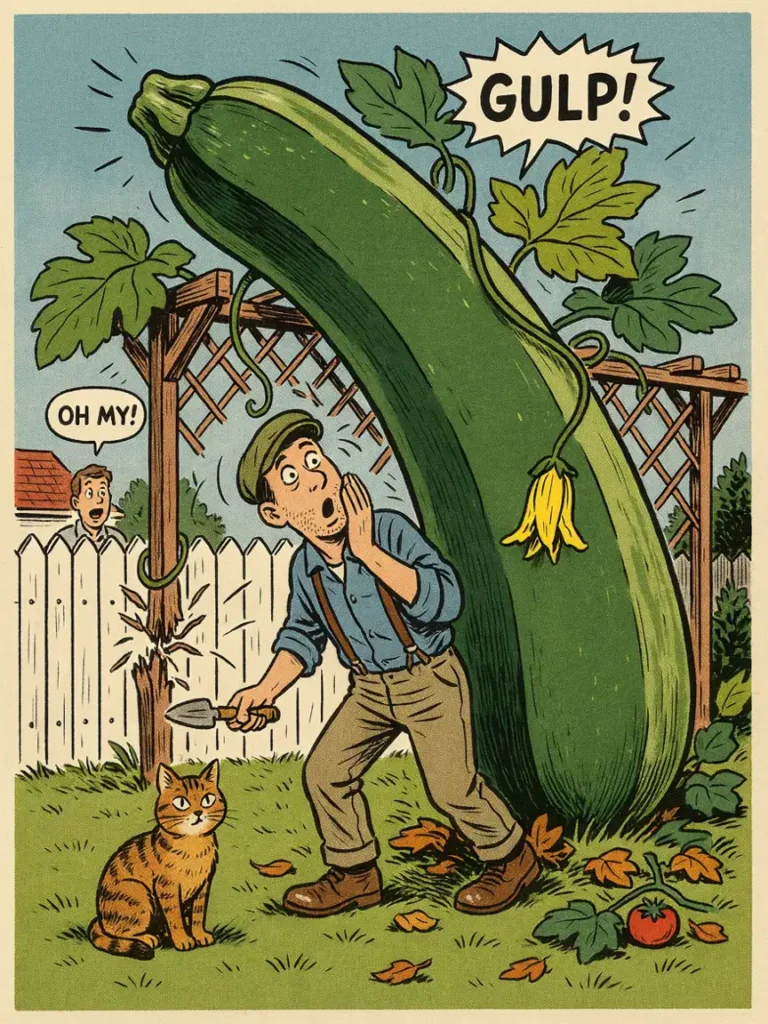 A cartoon style illustration of a gardener staring in shock at an enormous zucchini that has overtaken the yard, drawn in a classic comic strip style