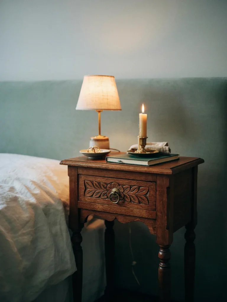 A carved dark wood nightstand styled with a small lamp and a candle holder.