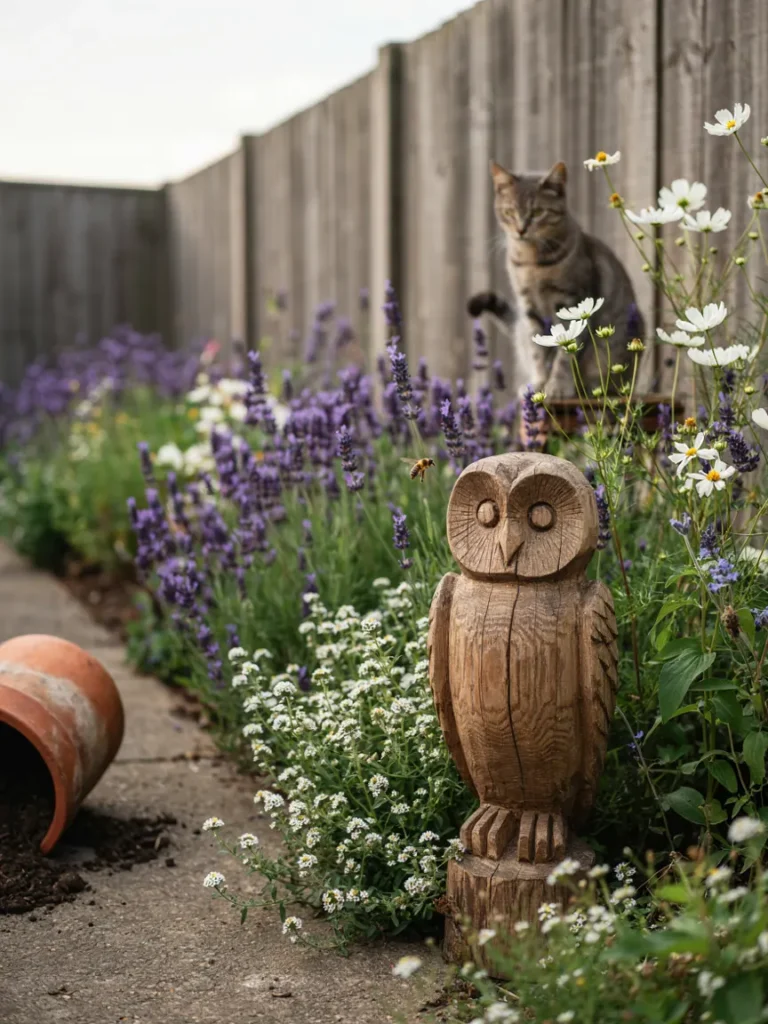 A carved wooden owl or woodland creature statue with visible grain and rustic detailing, set in a cottage style garden bed.