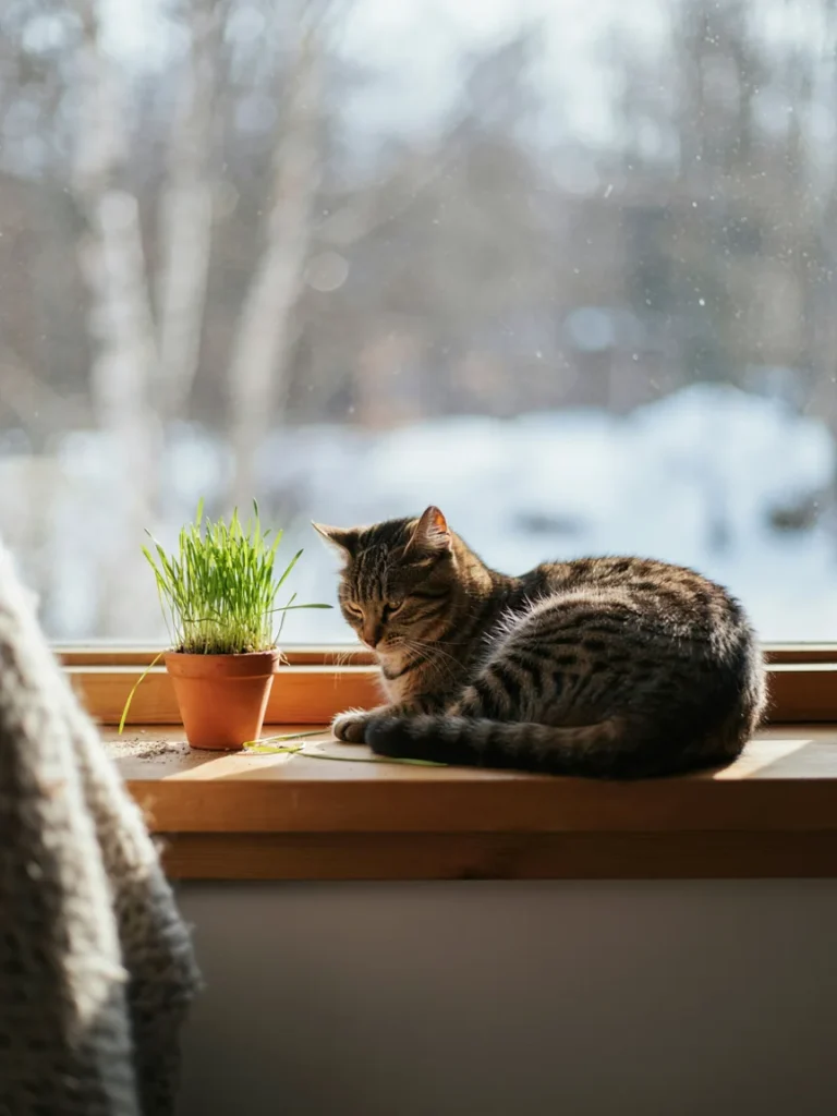 A cat curled up next to a warm, sunny windowsill pot of cat grass while snow falls outside the window.