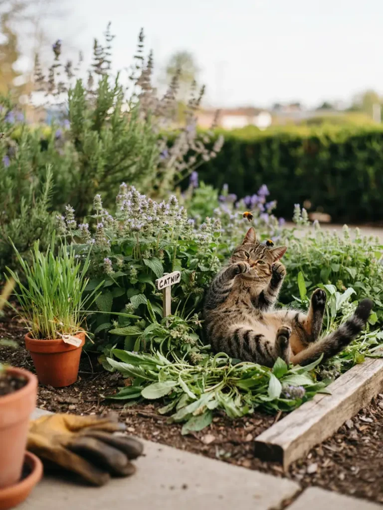 A cat happily rolling in a patch of fresh catnip in a garden bed, with a small pot of cat grass visible nearby, showing safe plants in actual use.