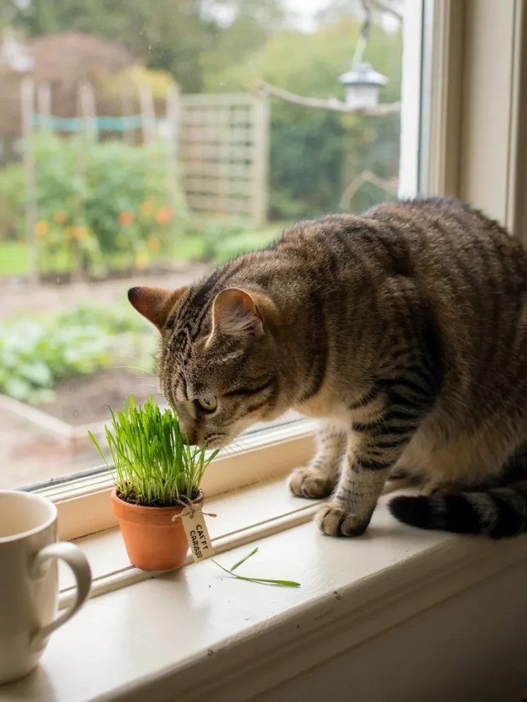 A cat sniffing a small pot of cat grass on a windowsill, with a garden visible through the window in the background, capturing the indoor outdoor connection of cat gardening
