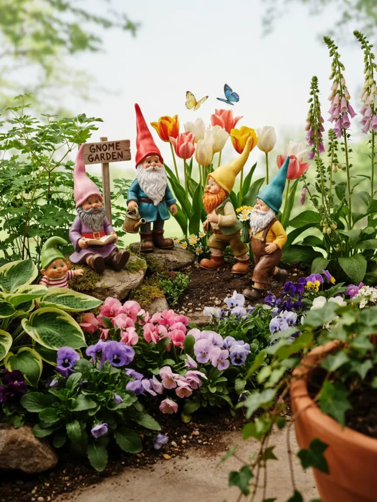A cheerful collection of classic pointed hat garden gnomes arranged among flowers and greenery, bright colors, whimsical and playful mood, suitable for showcasing variety in style