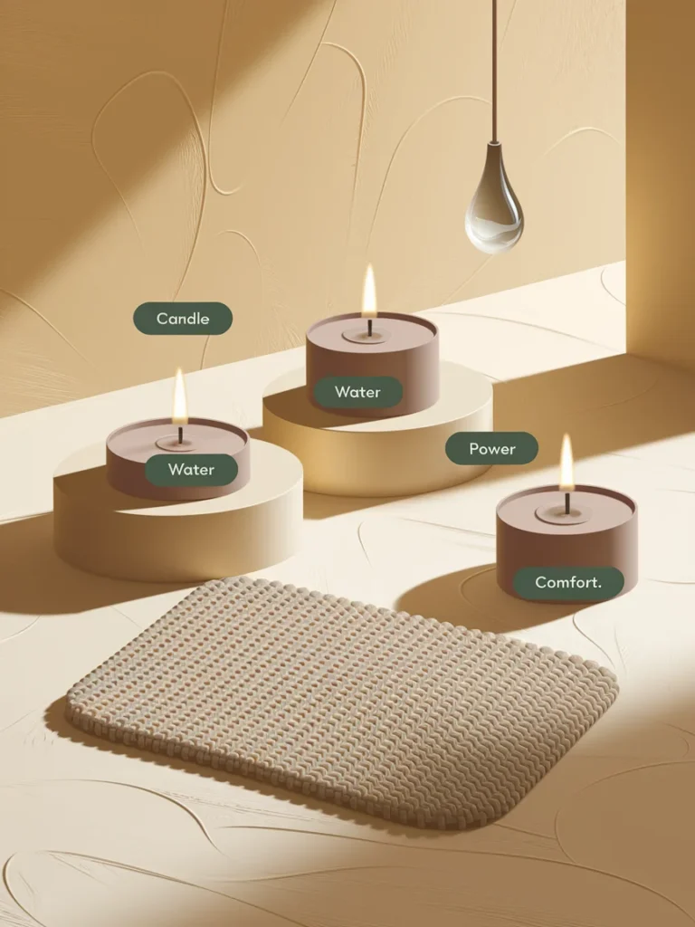 Safety tips graphic for witchy bathroom decor covering candles, moisture, electricity, and slipping.