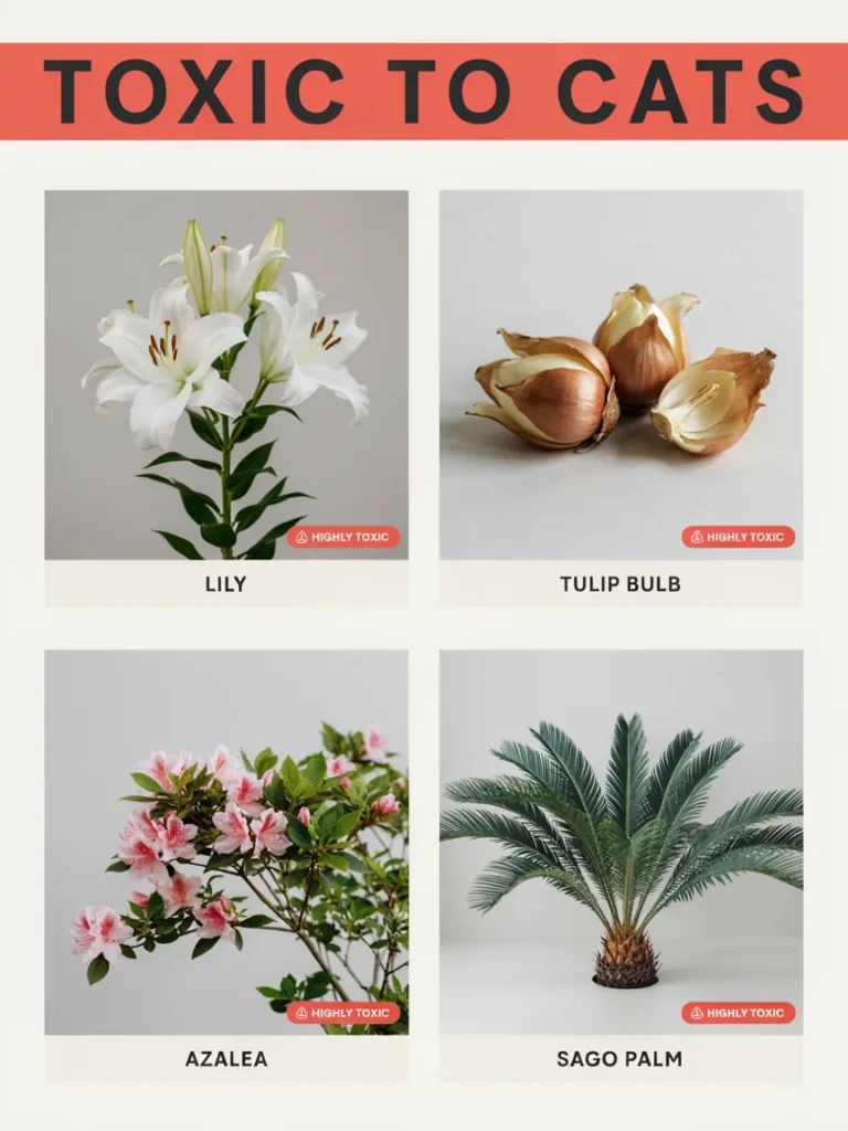 A clear reference style photo grid showing lilies, tulip bulbs, azaleas, and sago palm, each labeled as toxic to cats, for quick visual identification