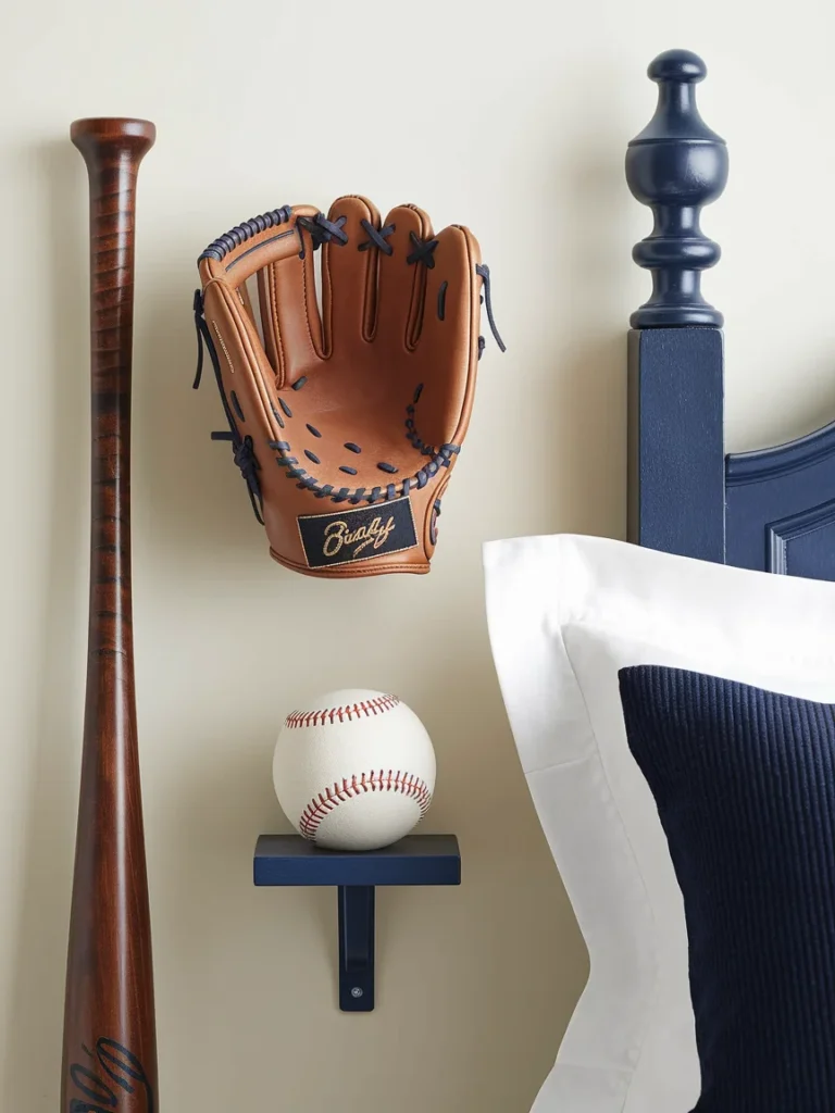 Close up of baseball bedroom decor with glove, bat rack, baseball, and navy pillow.