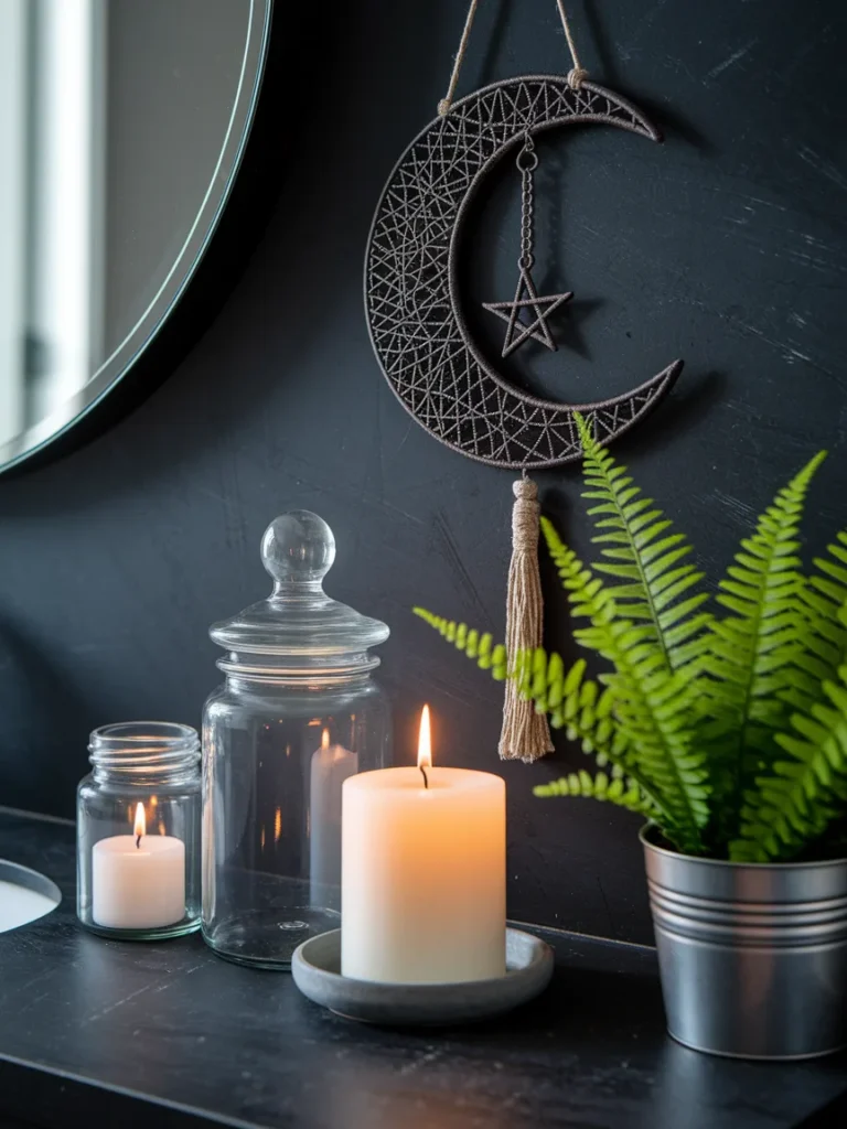 A close, styled shot of a bathroom corner showing the key witchy items together: a crescent moon wall hanging, apothecary jars, a pillar candle, and a small potted fern. Keep the background dark and textured so the objects stand out.
Alt Text: Close up of witchy bathroom decor featuring a moon hanging, jars, candle, and fern