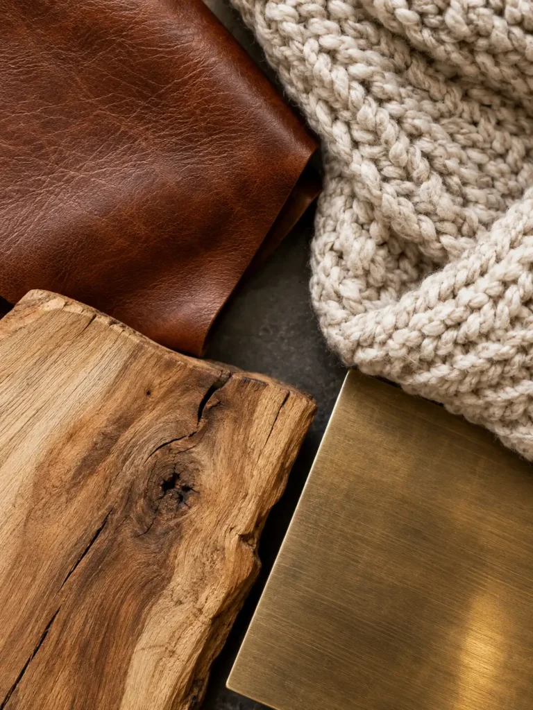 A close-up flat lay of mixed textures including leather, chunky knit fabric, raw wood grain,