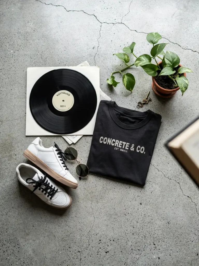 A close up flat lay of urban decor inspiration items, including a vinyl record, a graphic tee folded neatly, a pair of sneakers, and a small potted plant