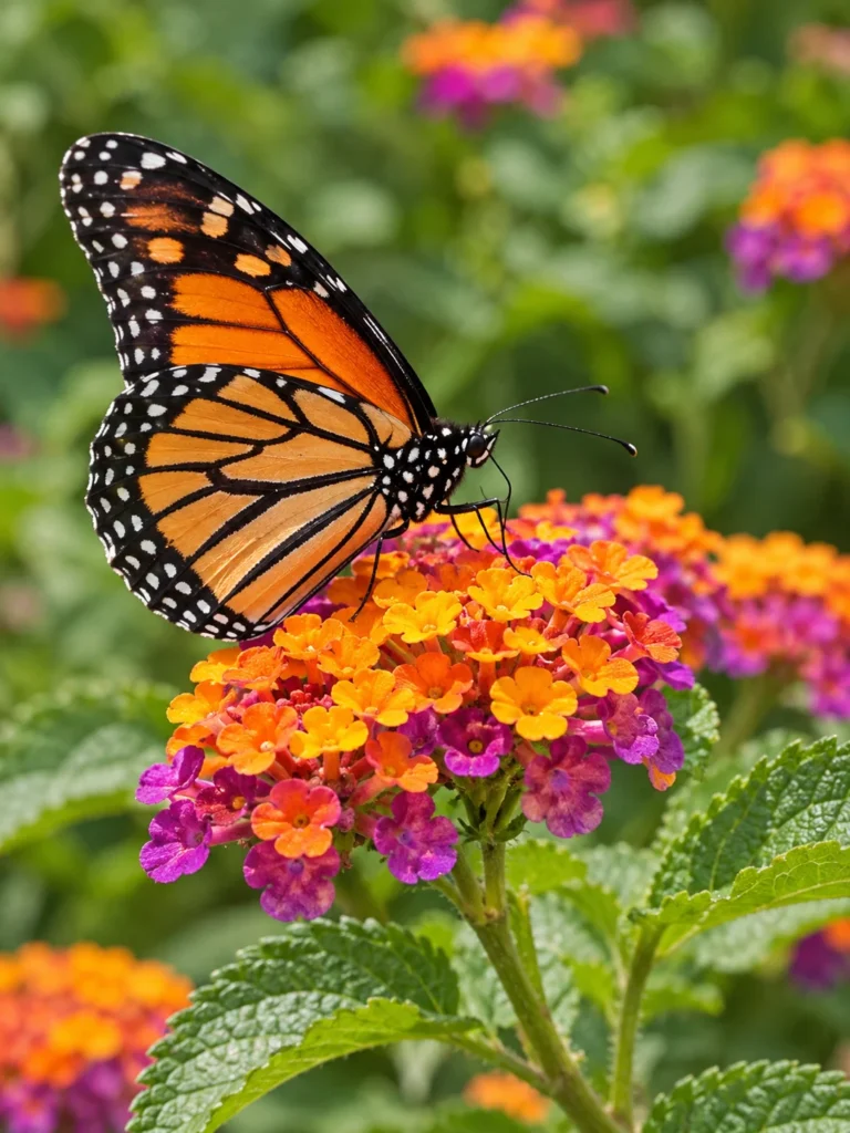 A close-up of a butterfly landing on a cluster of bright orange and purple nectar flowers