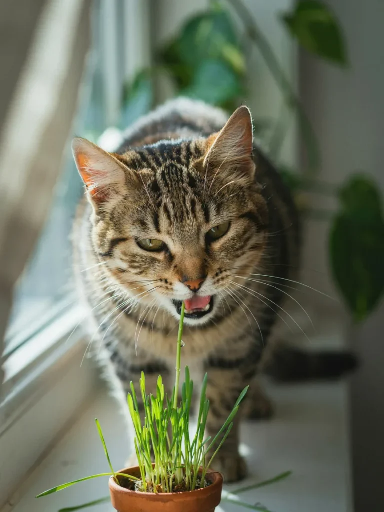 A close up of a cat chewing contentedly on a blade of cat grass, eyes half closed in relaxation
