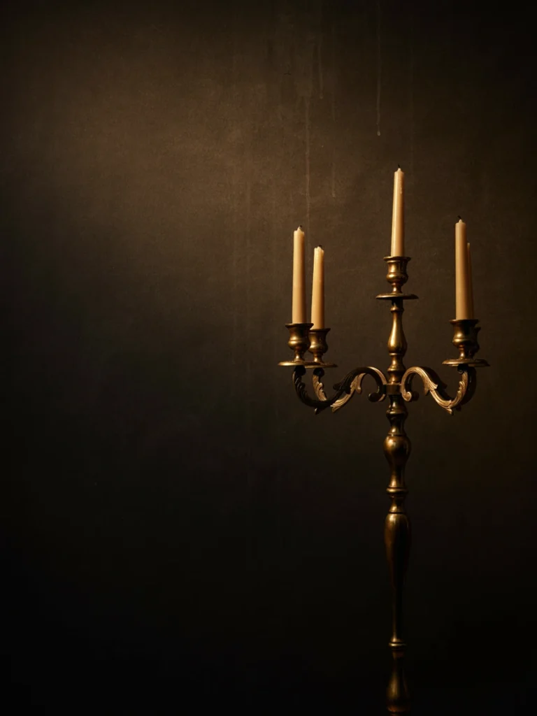 A close up of a gold framed mirror or brass candelabra against a black wall, showing how metallic tones catch light.