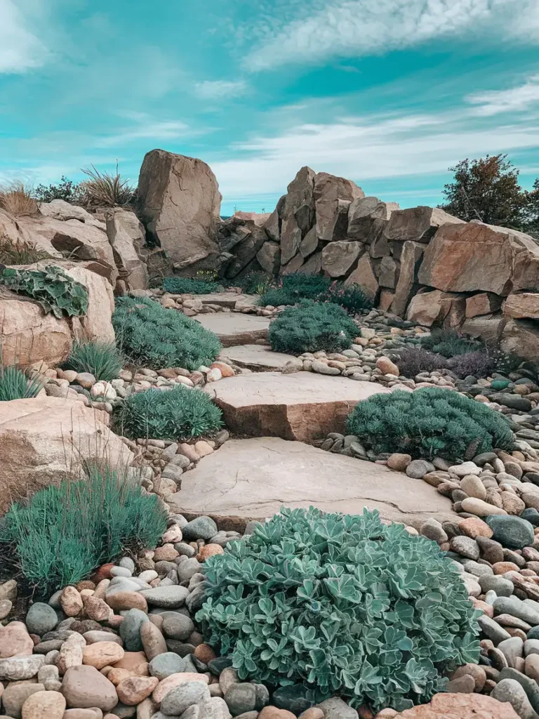 close up of a rock bed featuring a mix of large accent boulders and medium sized gardening rocks surrounding drought tolerant plants