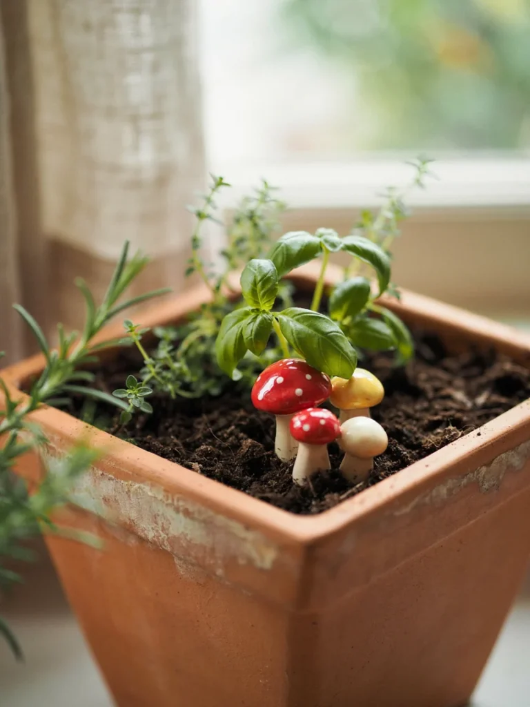 A close up of a small cluster of miniature mushroom figures tucked into a potted plant or window box, showing their compact scale.