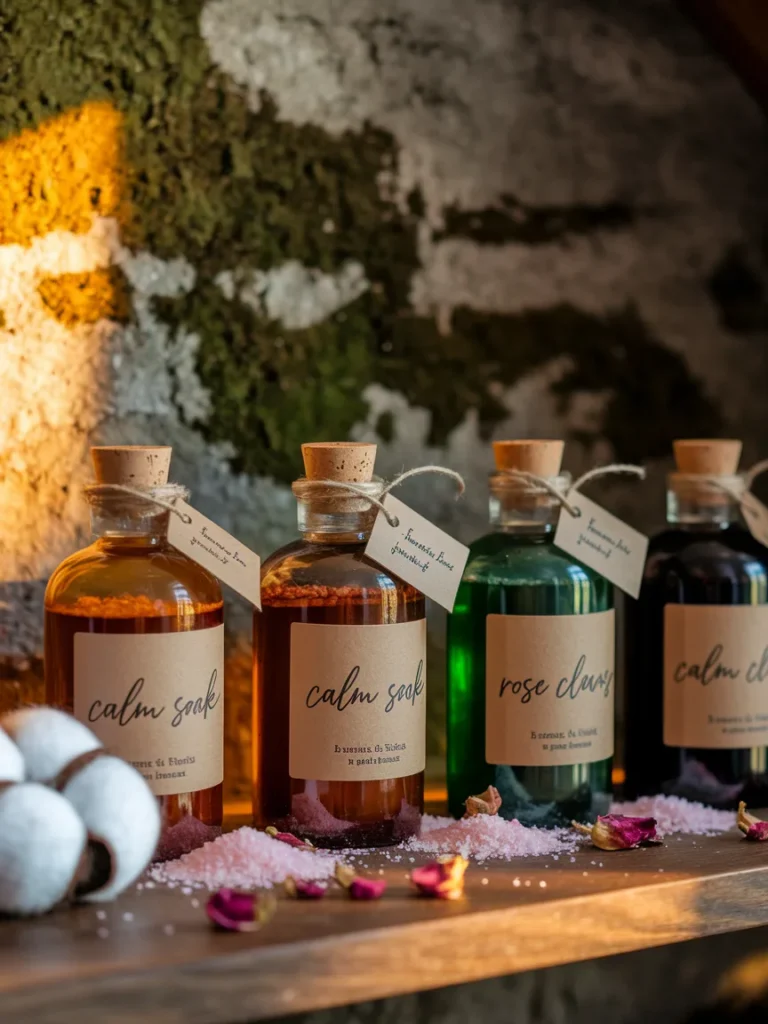 Apothecary jars with handwritten labels filled with bath salts and dried petals.